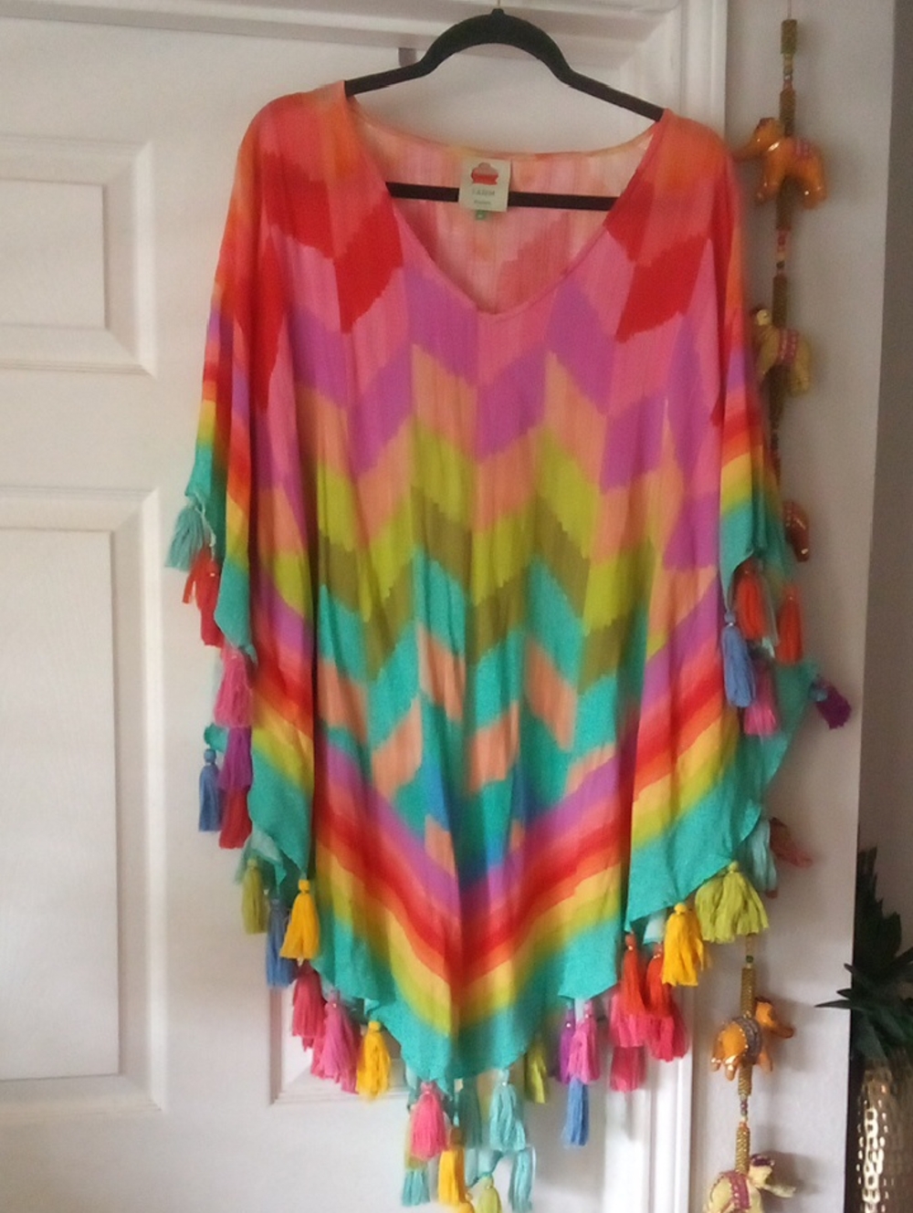 FARM RIO Colorful Chevron Tassel Poncho